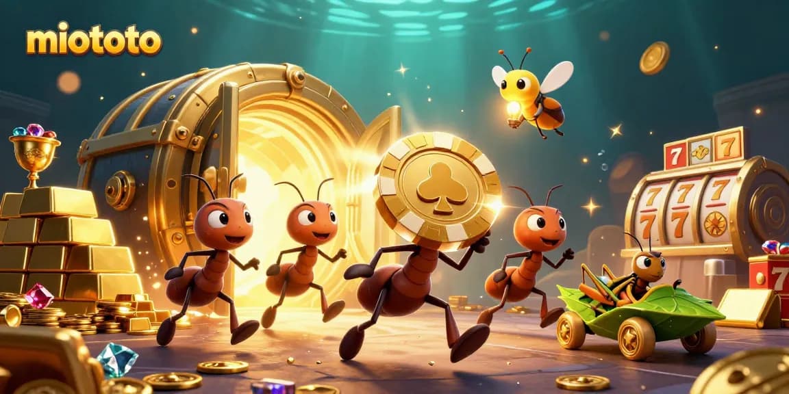 Experience the excitement of miototo with ants on a heist featuring golden poker chips and slot elements.