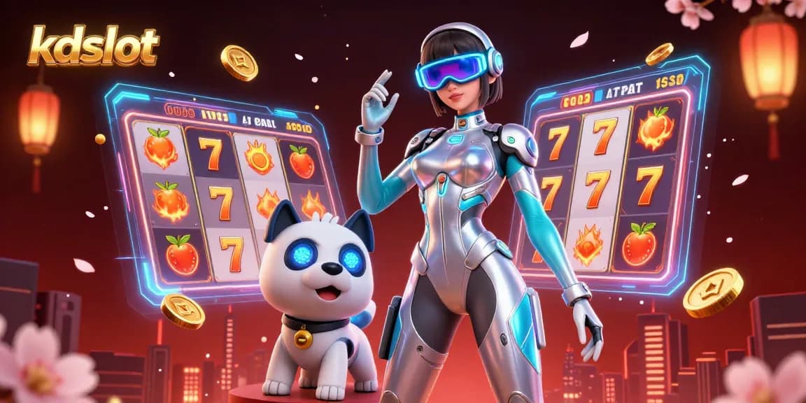 KDslot immersive gaming experience featuring a vibrant 3D woman and robot dog in a casino setting.