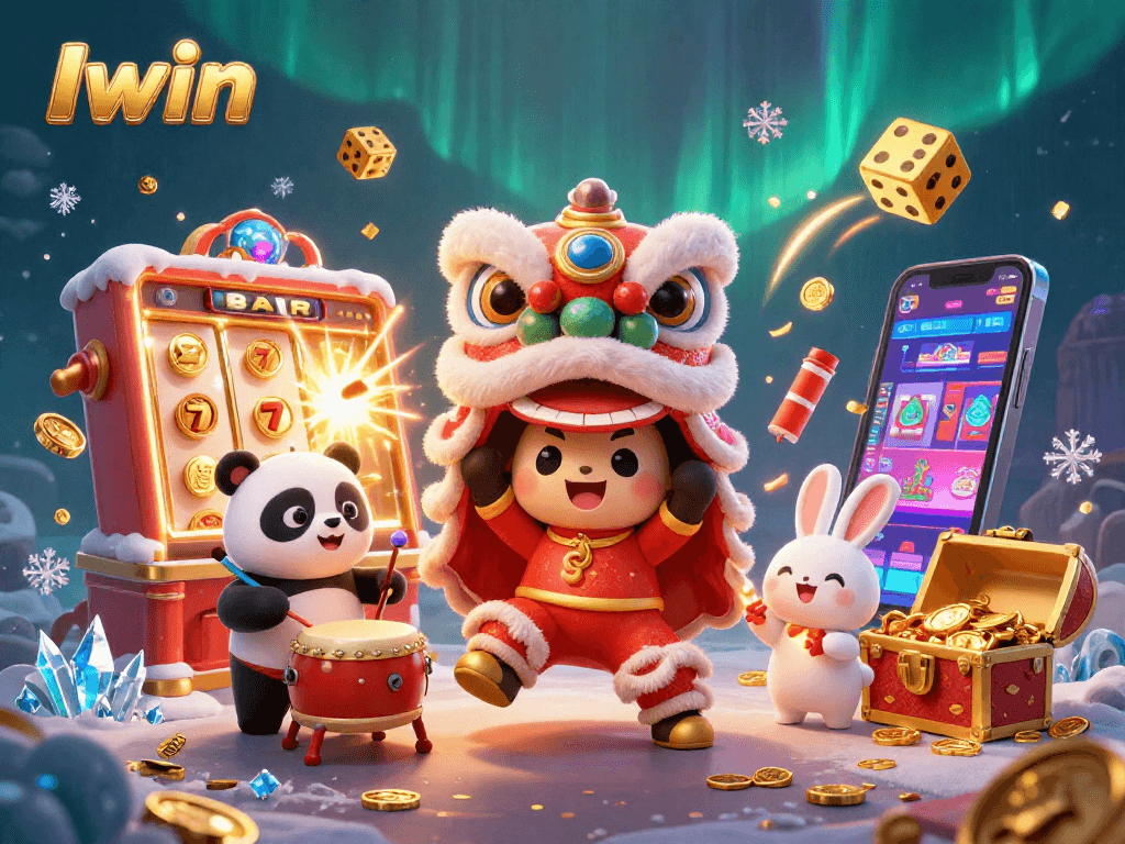 Iwin shows an engaging 3D casino scene, featuring characters celebrating a jackpot with coins and festive decor.