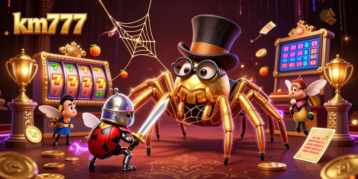 Experience exciting slots at km777, highlighted by a golden tarantula and beetle knight in an engaging casino scene.