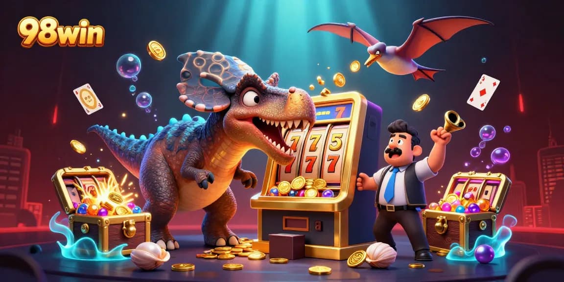 Experience the excitement of 98win with a dinosaur jackpot scene packed with casino elements.
