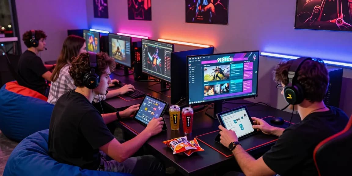 Engaged players enjoying 918kiss online gaming in a vibrant LED-lit room.