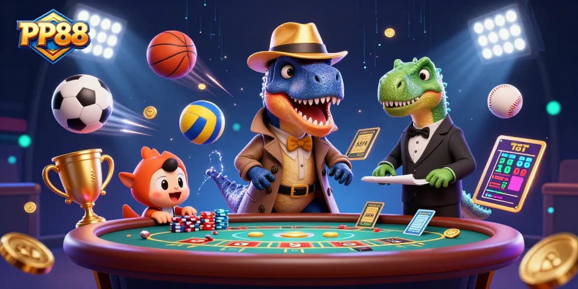PP88 velociraptor card counter and characters immersed in a vibrant casino scene.