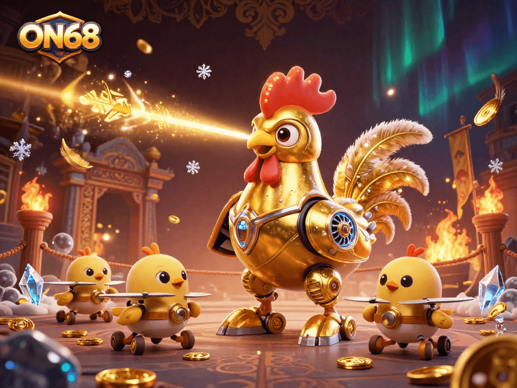 Experience the vibrant gaming world of ON68 with a dynamic golden rooster robot and dancing baby chick drones amidst a rich casino backdrop.