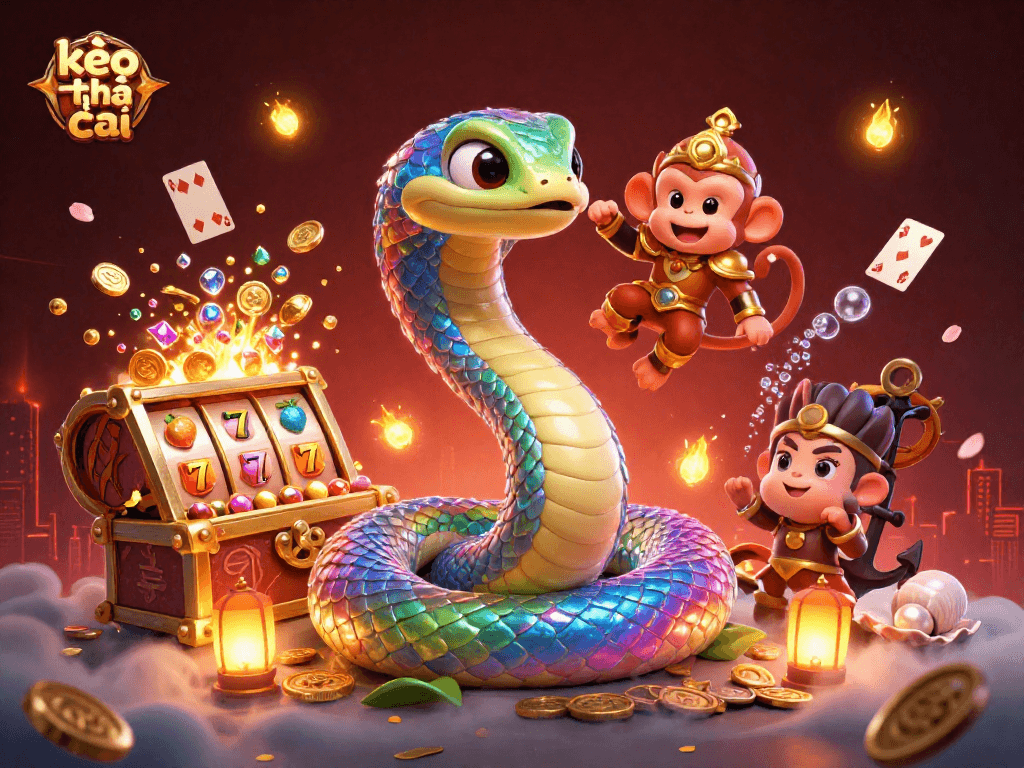 Engage with the vibrant kèo nhà cái world, as colorful characters surround a golden treasure trove of winnings.
