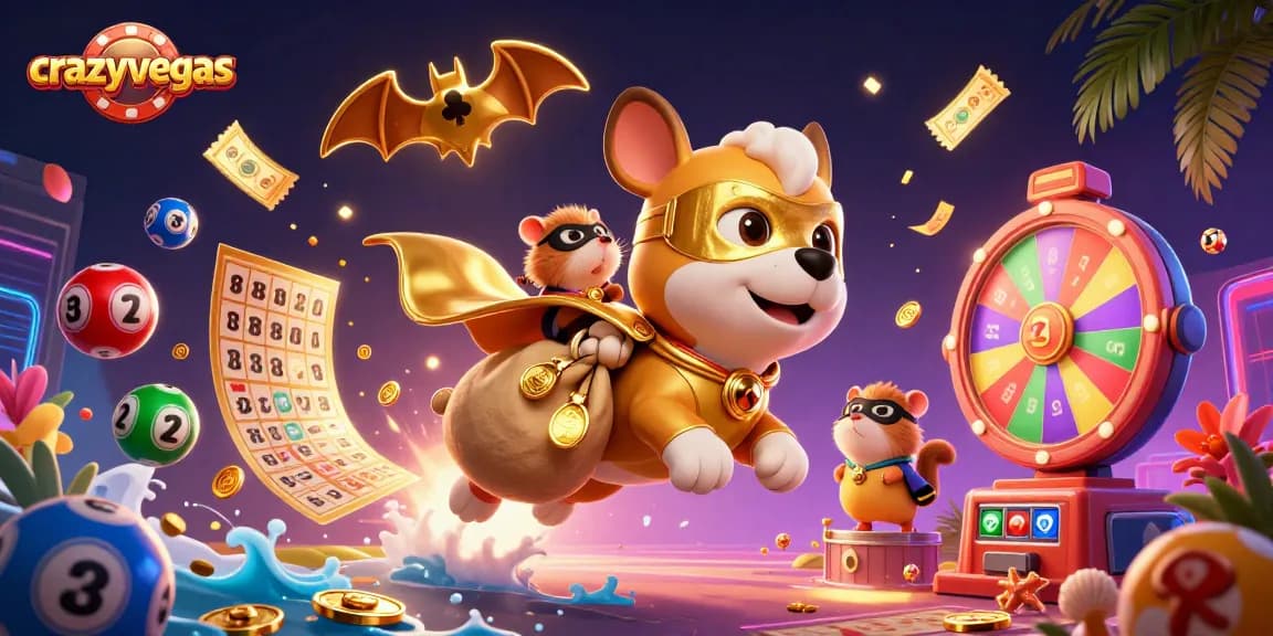 Experience jackpot wins with crazyvegas as a superhero dog flies with gold coins and vibrant lottery elements.