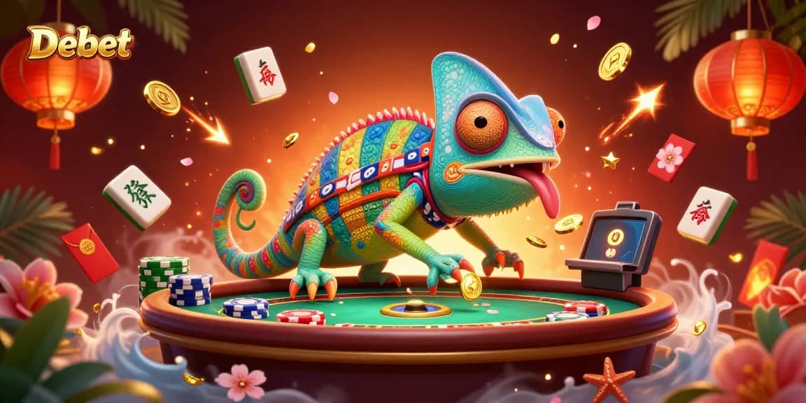 Debet engages players with a vibrant 3D casino scene filled with golden coins, mahjong tiles, and festive elements.