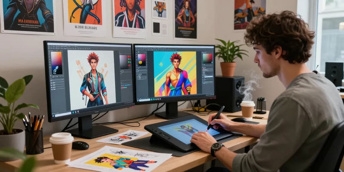 Creating NSFW AI character designs in a vibrant digital art studio.