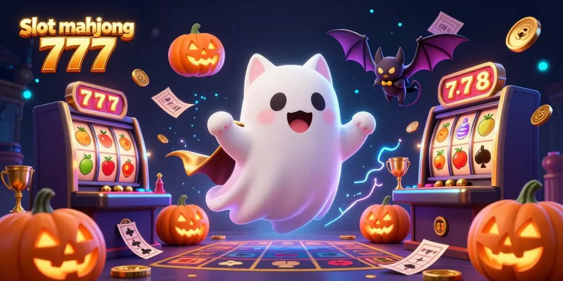 Engage with slot mahjong 777, a lively ghost cat and bat in a casino, amidst dynamic slot elements.