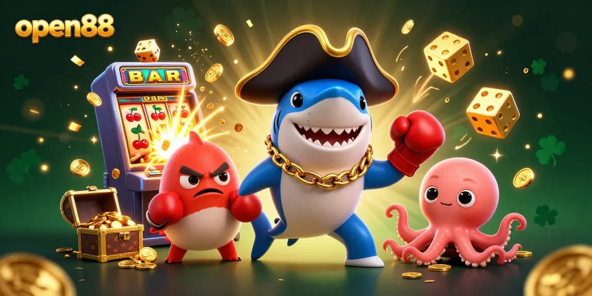 Play exciting games at open88 with a vibrant 3D illustration showcasing thrilling casino elements and characters.