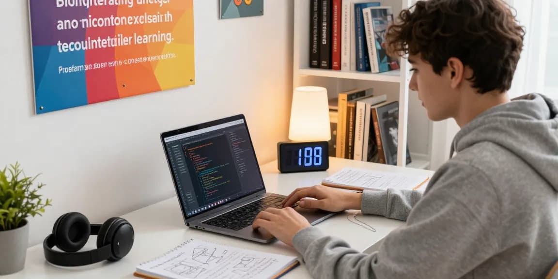 Focused student coding at a laptop, surrounded by notes and tech books in an inviting learning space, exploring the slot of coding.