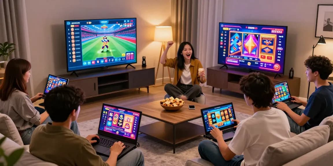 Players enjoying pajaktoto online slot games in a vibrant living room setting, full of excitement and social interaction.