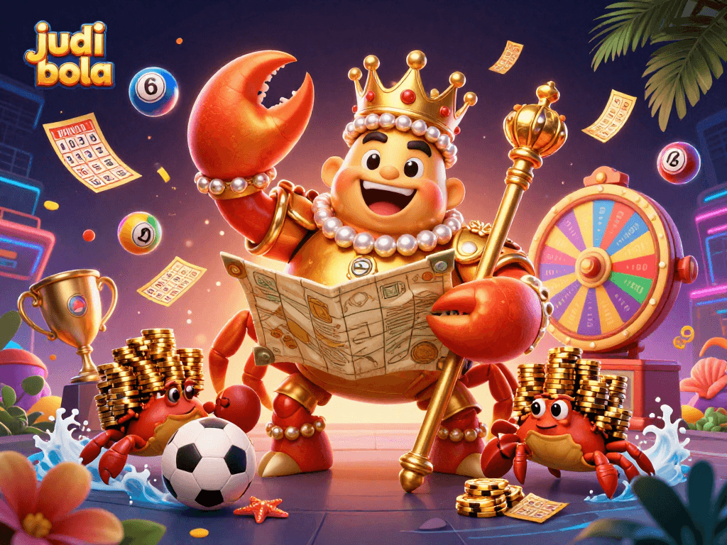 Engage in judi bola with a dynamic scene featuring a golden crab emperor and colorful lottery elements.