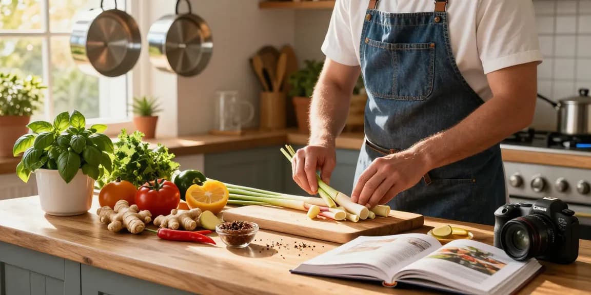 เว็บสล็อต แท้ 100 เปอร์เซ็นต์ in a vibrant kitchen scene showcasing fresh ginger and lemongrass preparation.