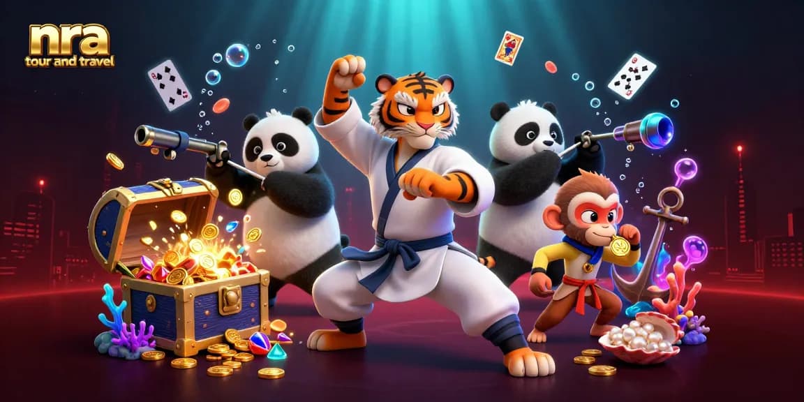 Engage with nra tour and travel's 3D cartoon scene showcasing a kung fu master and vibrant casino elements.