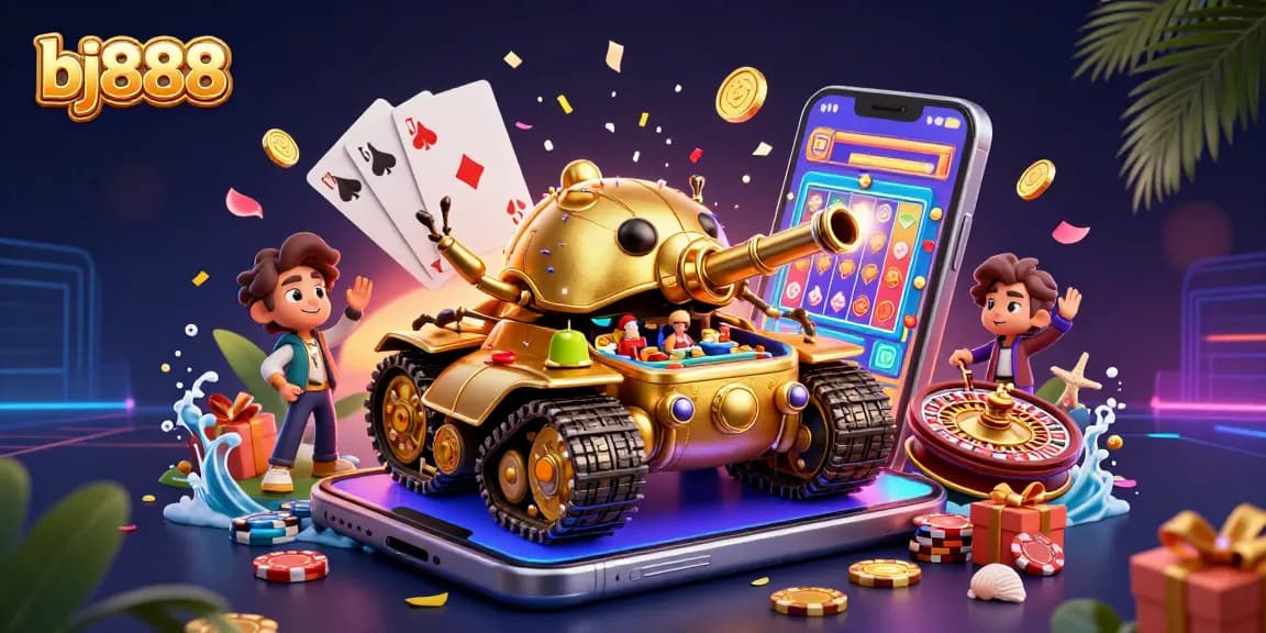 Experience the excitement of bj888 with a vibrant 3D casino scene filled with colorful games and dynamic action.