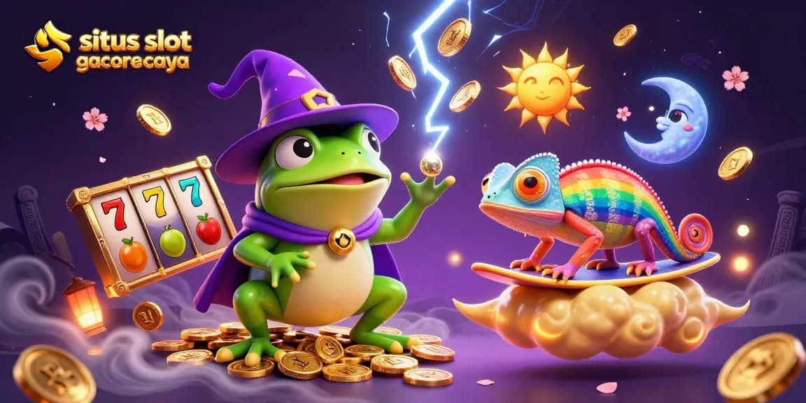 Win big on situs slot gacor terpercaya with a dynamic illustration of exciting game elements and characters.
