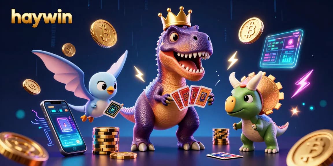 Engage with haywin's exciting games as a playful T-Rex shuffles cards and a baby triceratops stacks chips.