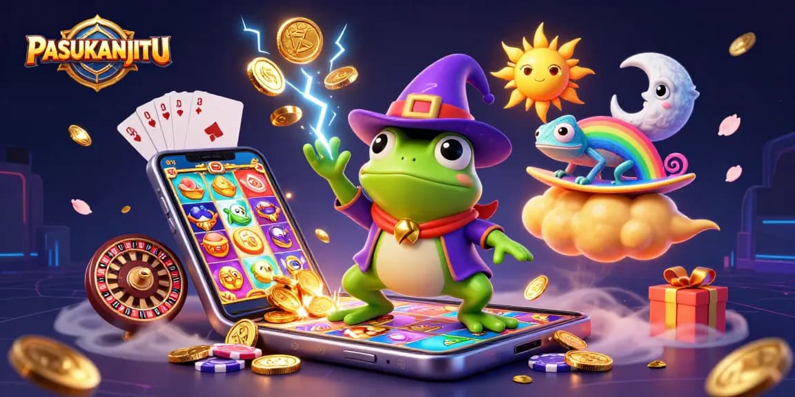 Experience the thrill with PASUKANJITU, featuring the wizard frog and chameleon amidst a treasure storm.