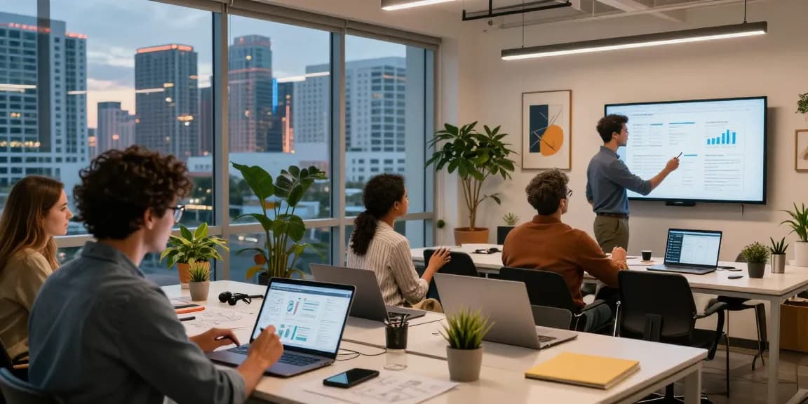 Kolaborasi kreatif di https://miami4d.com/ dengan latar belakang langit Miami saat senja, suasana inovatif dan energik.