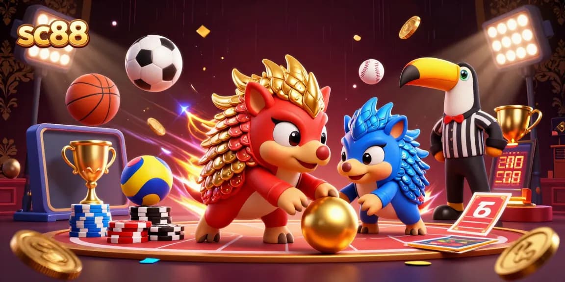 Catch the excitement with SC88 as rival pangolins bowl through poker chips in an action-packed casino scene.