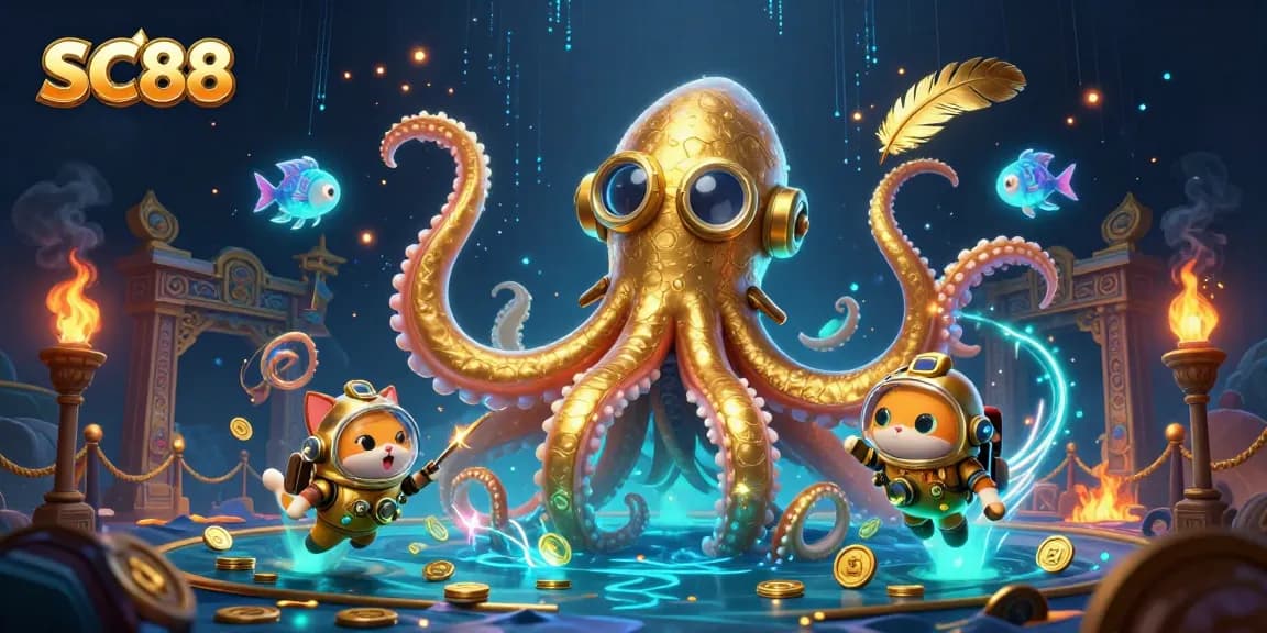 Engage with SC88, where a colossal kraken meets a diving cat amidst a treasure-filled casino adventure.