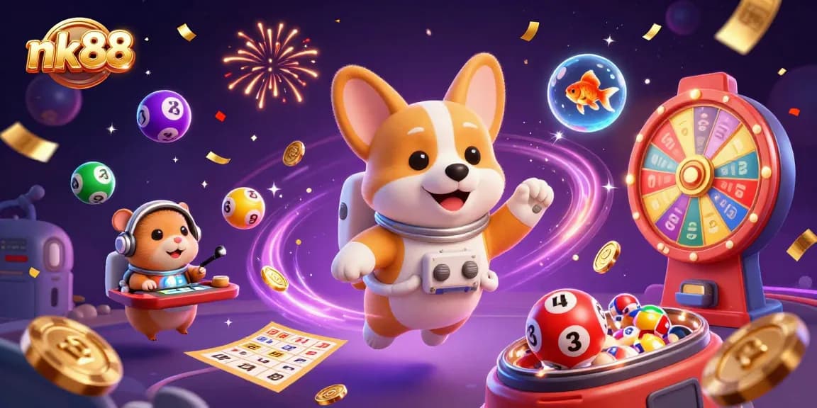 Experience nk88's thrilling casino action in a vibrant 3D scene with playful characters and dynamic gaming elements.