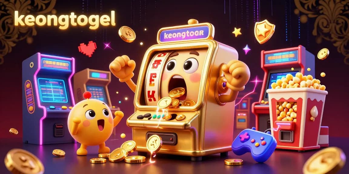 Spin for riches at keongtogel with a magical golden slot machine showering coins, vibrant gaming elements.