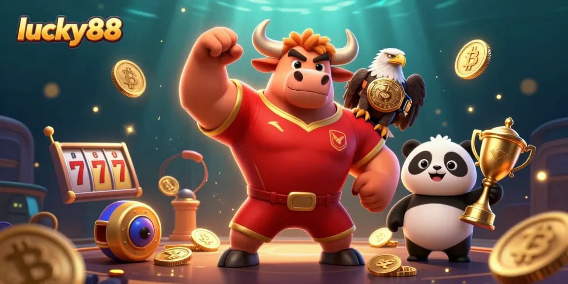 Experience the thrill of lucky88 with this vibrant gaming scene featuring mascot characters and crypto elements.
