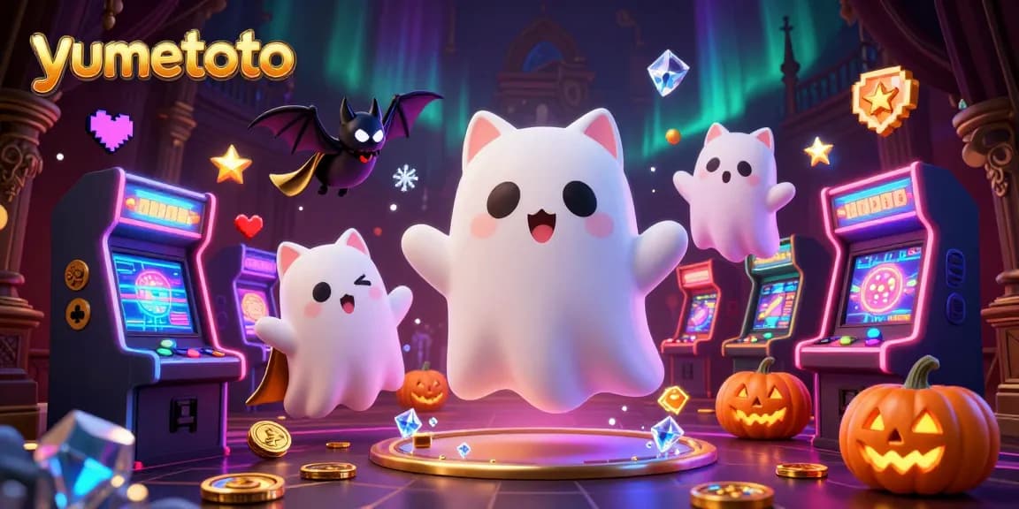 Experience the thrill of yumetoto with a playful ghost cat in a glowing casino.