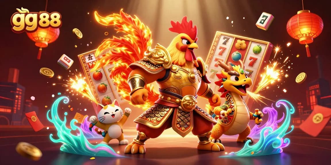 Experience thrilling wins with gg 88's vibrant slot adventure showcasing a rooster warrior and dragon.