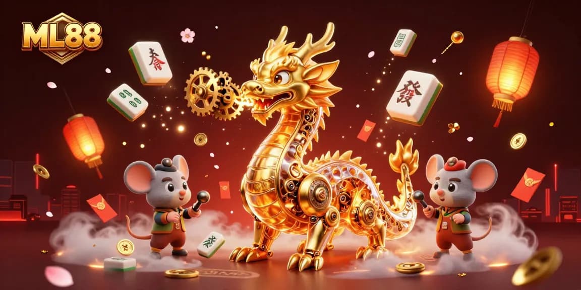 ML88 showcases a golden dragon breathing gears in a vibrant casino scene filled with luck and excitement.