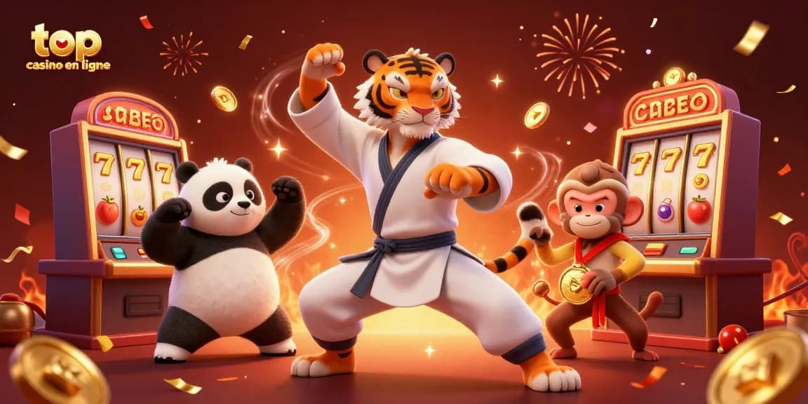 Engagez-vous avec le meilleur casino en ligne alors que le maître tigre kung fu se tient fort, entouré d'éléments de machines à sous vibrants.