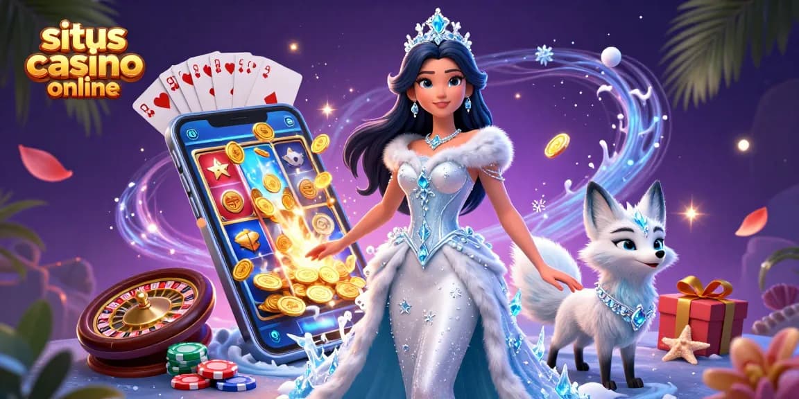Experience situs casino online with a stunning scene featuring an ice queen and colorful casino elements.