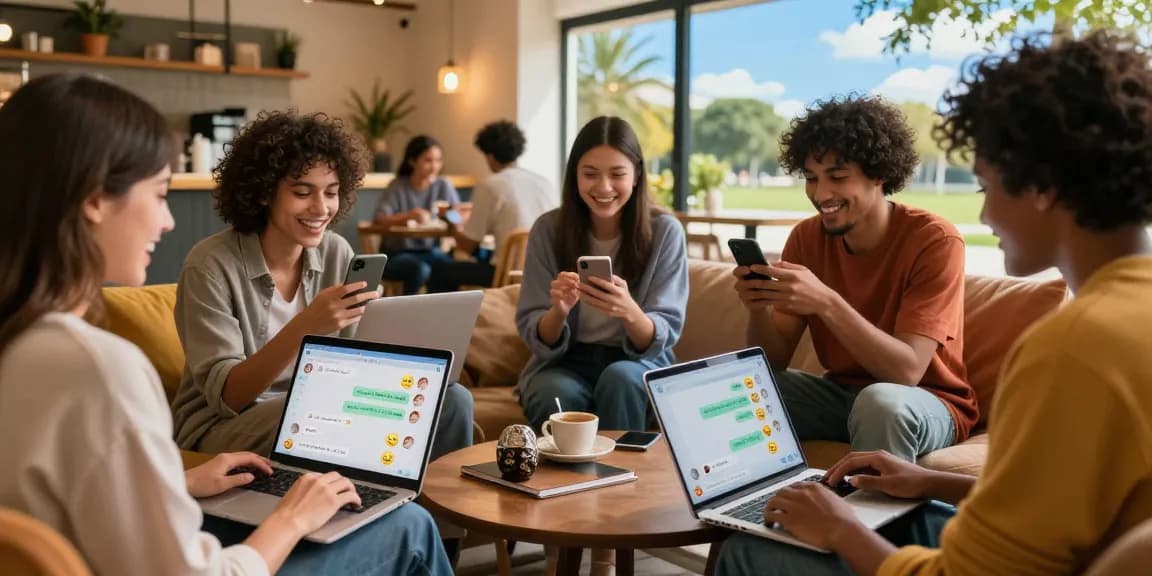 Online chat scene showcasing friends connecting through شات الخليج in lively environments, conveying joy and interaction.