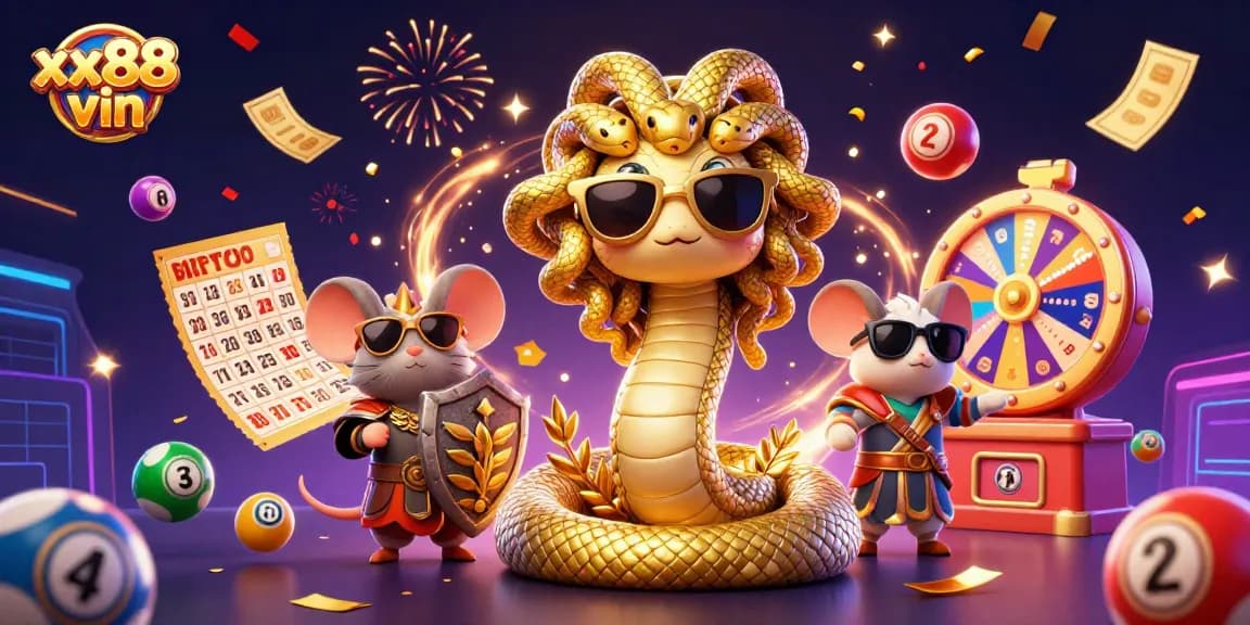 Experience the excitement of xx88 vin with Medusa and a mouse in a vibrant lottery-themed scene.
