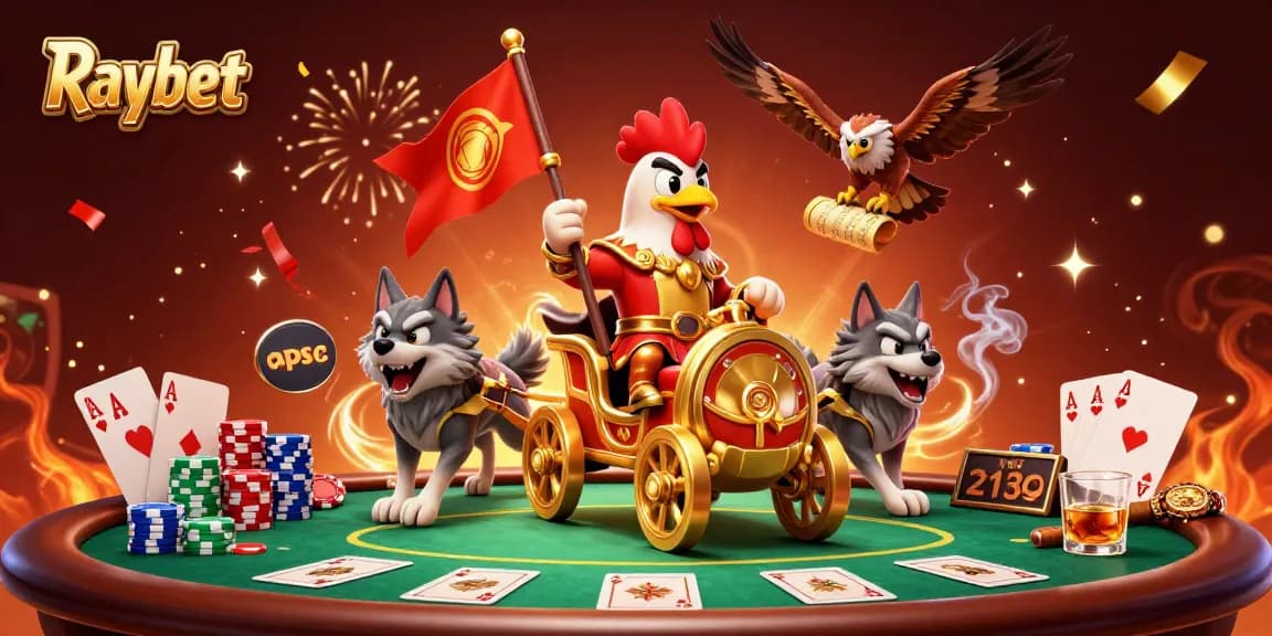 Experience Raybet's dynamic casino scene with a rooster warlord and poker elements.