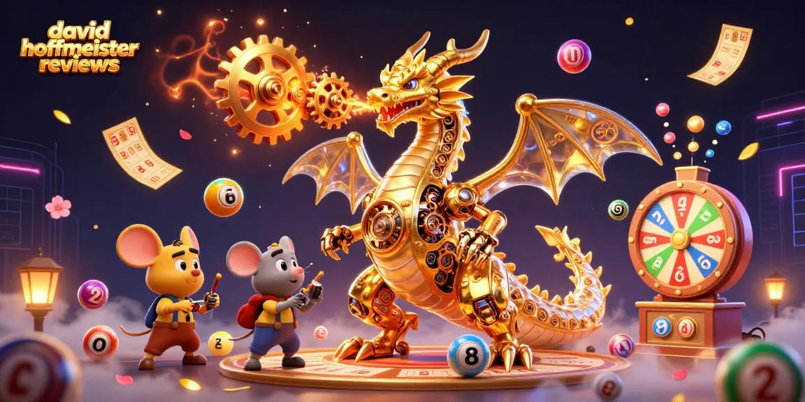 Engaging illustration showcasing david hoffmeister reviews featuring a golden dragon amidst lottery excitement.