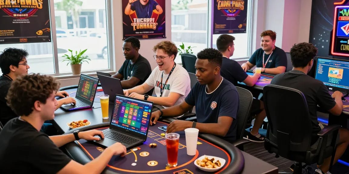 Players enjoying game bài đổi thưởng in a lively gaming environment, showcasing camaraderie and excitement.