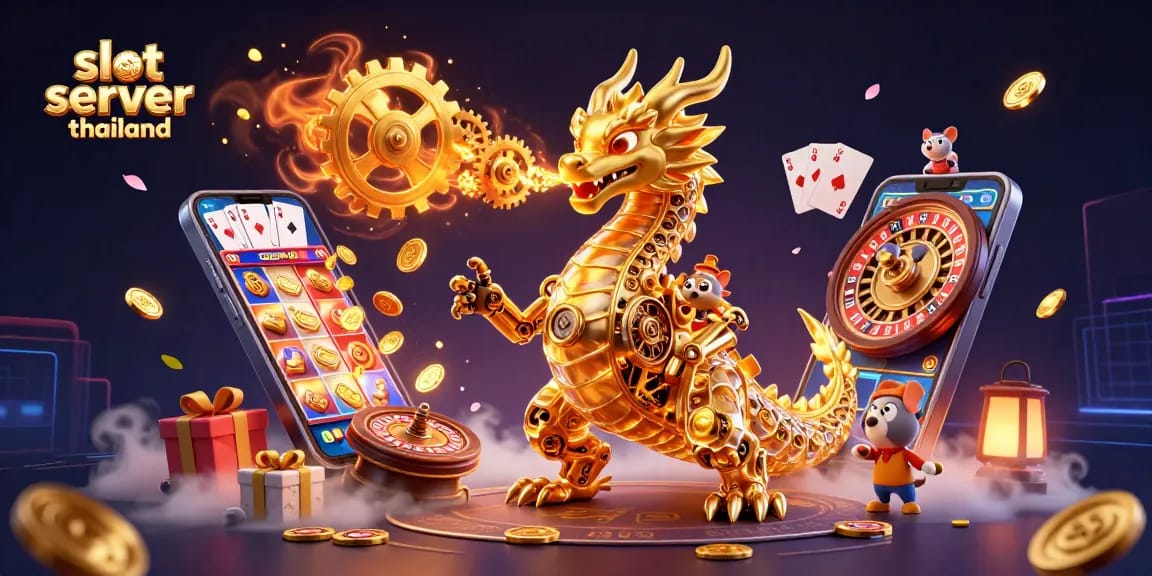 Experience excitement with slot server thailand featuring a golden mechanical dragon among vibrant casino elements.