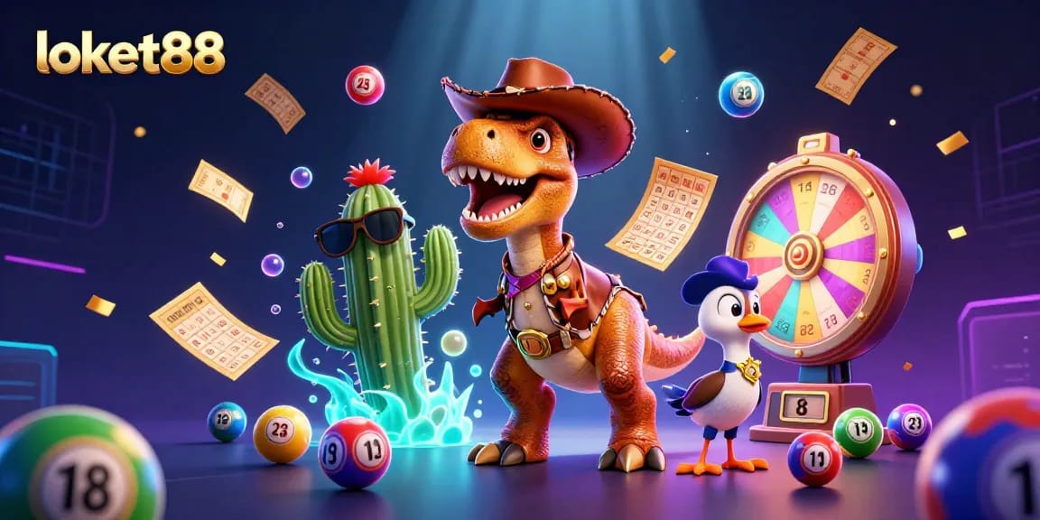 Engage in thrilling gameplay at loket88, featuring vibrant slot games and animated casino elements.