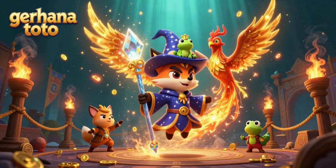 Menggambarkan gerhana toto dengan karakter kartun 3D, rubah penyihir, dan phoenix dalam atmosfer kasino yang menakjubkan