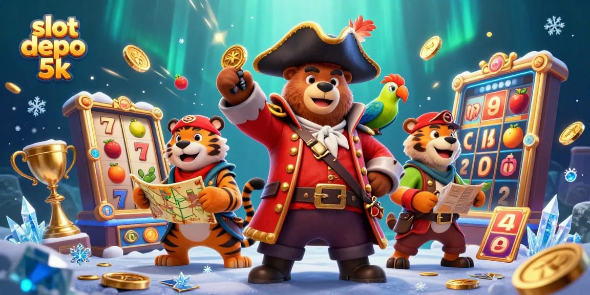 Play slot depo 5k with thrilling 3D characters and exciting gaming elements in a vibrant casino scene.