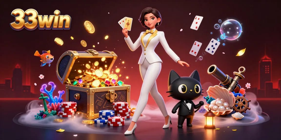 Embrace your luck at 33win with a glamorous gaming scene featuring captivating cards and vibrant casino elements.