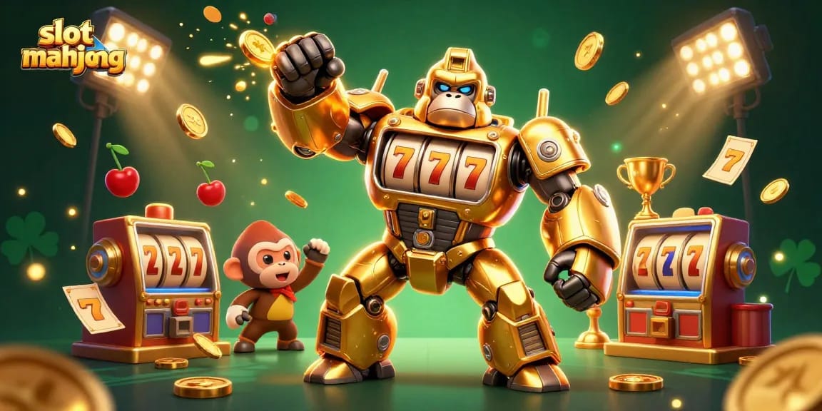 Engage in thrilling slot mahjong action with dynamic golden gorilla mech and vibrant game elements.