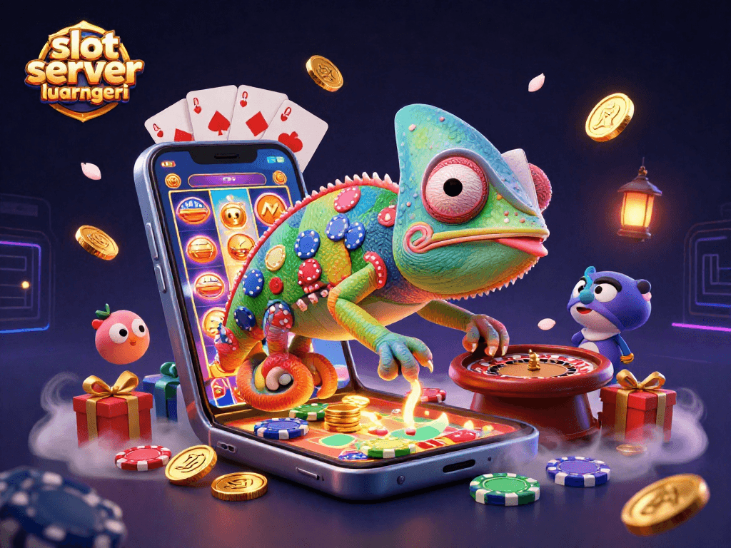Engage with exciting slot server luar negeri, featuring a vibrant chameleon casino owner and dynamic game elements.