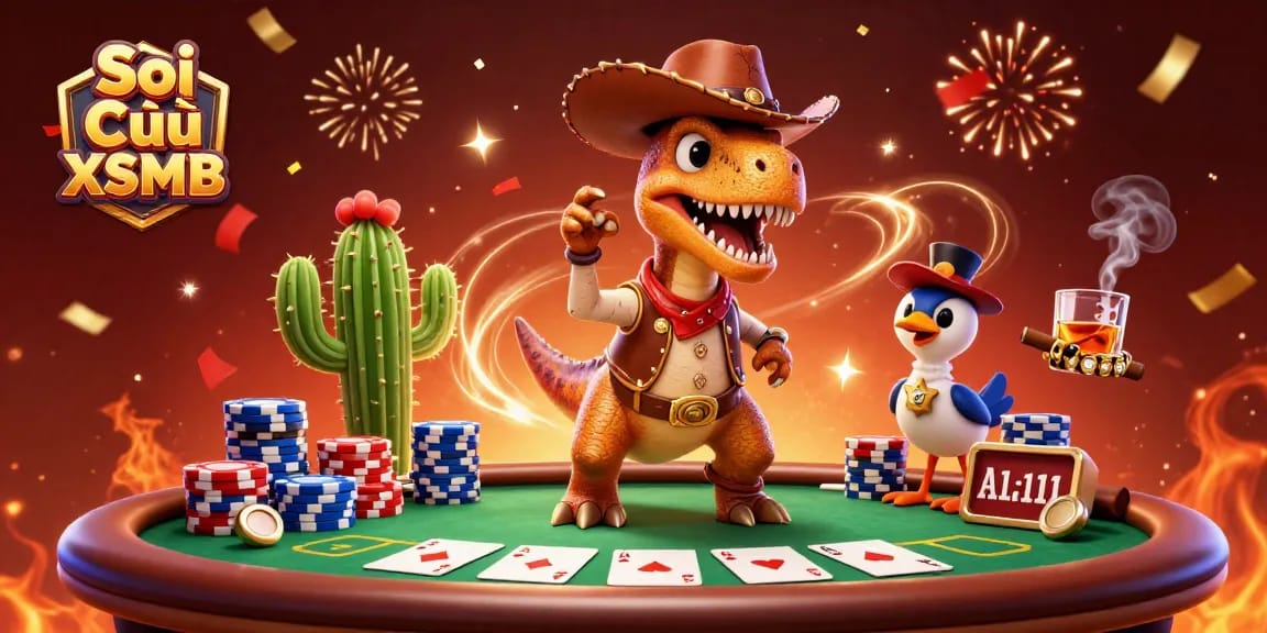 Soi Cầu XSMB lively scene with cartoon cowboy T-Rex and poker elements, representing lottery excitement