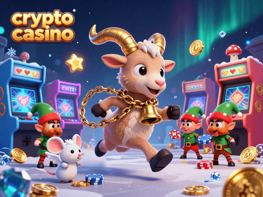 Engage in the excitement of a crypto casino with a 3D festive scene featuring Krampus overseeing mischievous elves.