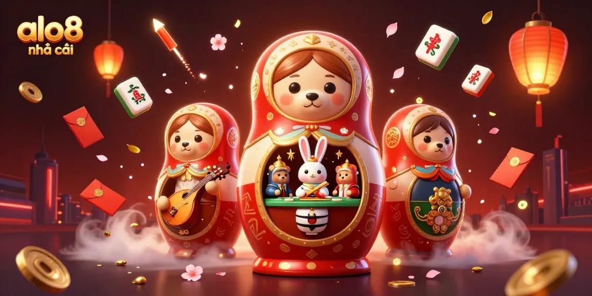 Immerse in alo8 nhà cái with dynamic gaming elements and vibrant casino characters, featuring a lively celebration atmosphere.