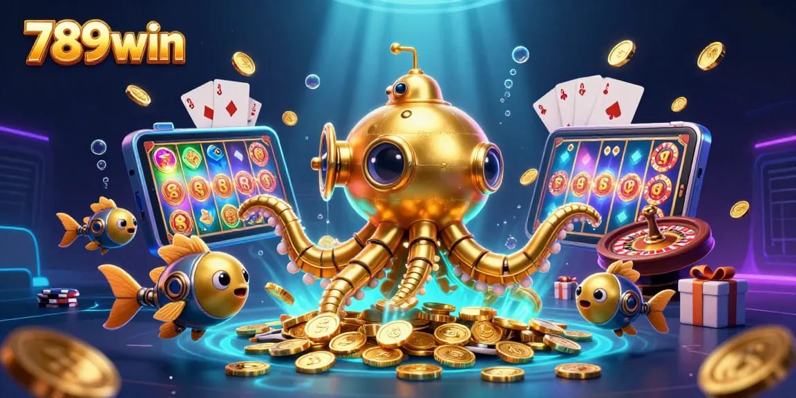 Engage with 789win in a vibrant casino scene featuring a golden kraken submarine amidst colorful slot games and gold coins.